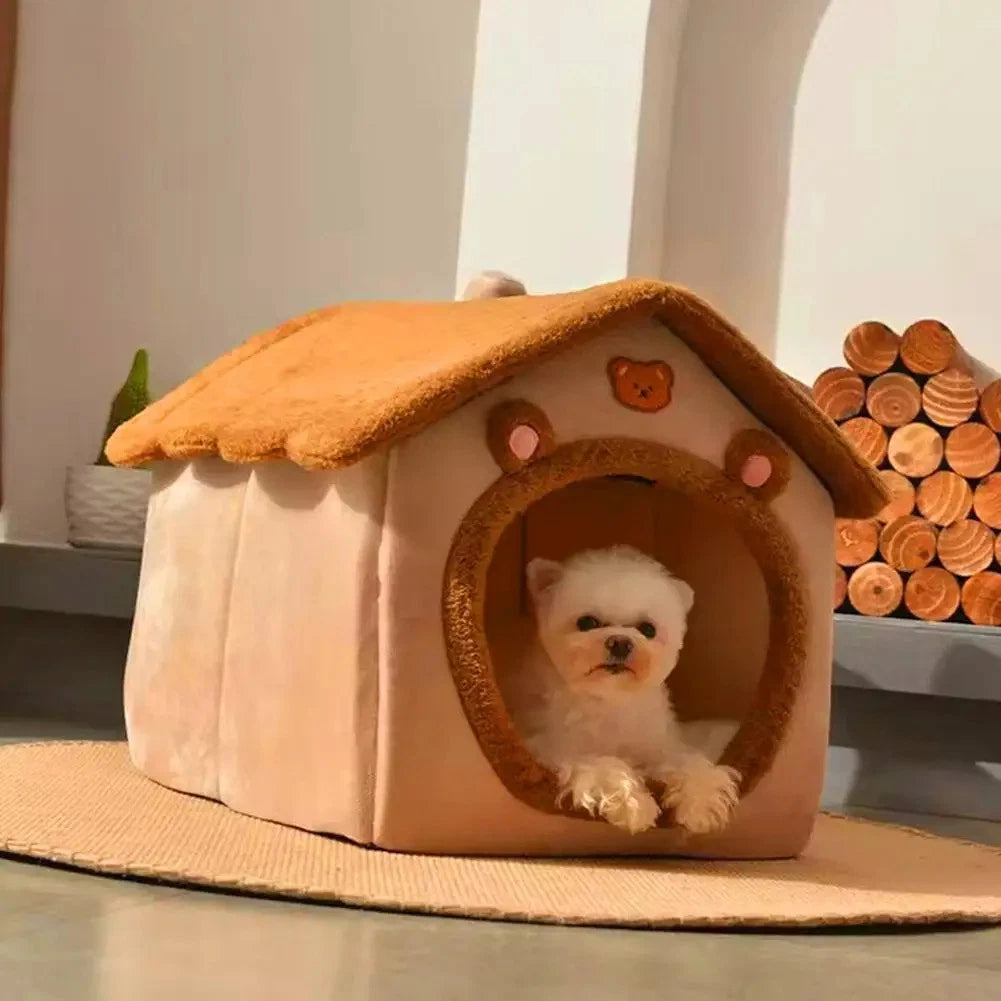 Soft Plush Dog & Cat House Bed – Comfortable Indoor Pet Cave with Removable Cushion for Small and Medium Pets
