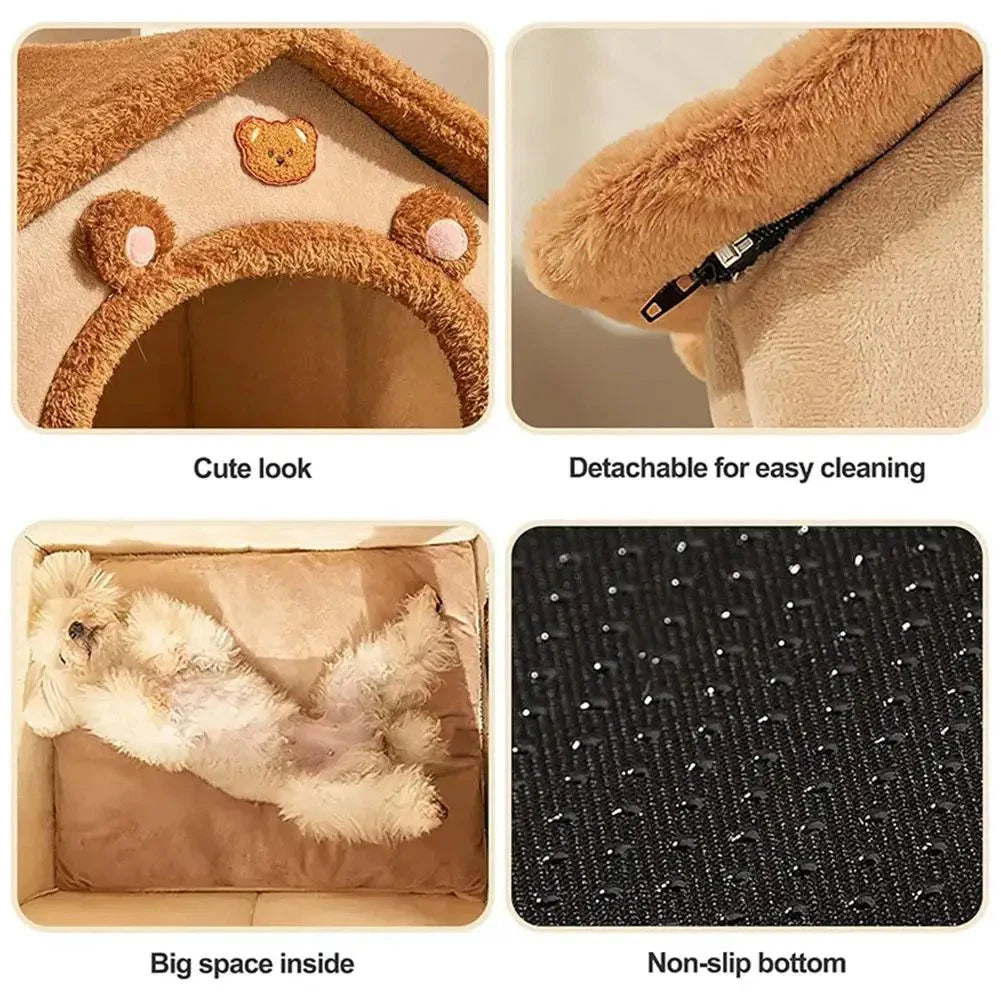 Soft Plush Dog & Cat House Bed – Comfortable Indoor Pet Cave with Removable Cushion for Small and Medium Pets