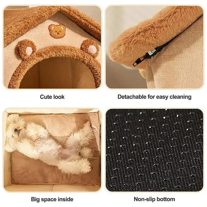Soft Plush Dog & Cat House Bed – Comfortable Indoor Pet Cave with Removable Cushion for Small and Medium Pets