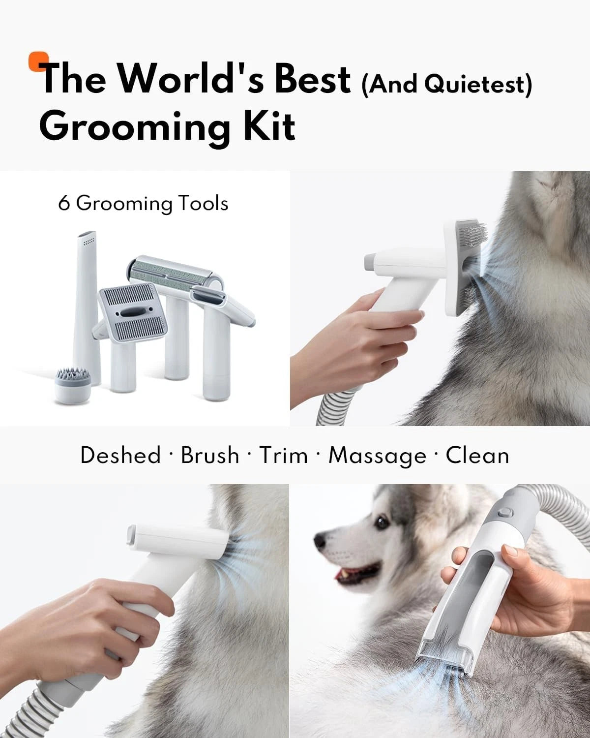 HomeRunPet Ultra Quiet Pet Vacuum HC15 6 Tool Grooming Kit Anti Shedding White