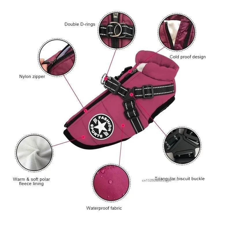 Dog Coat Waterproof With Harness Jacket Raincoat Winter Zip Coats Pet Hole Warm