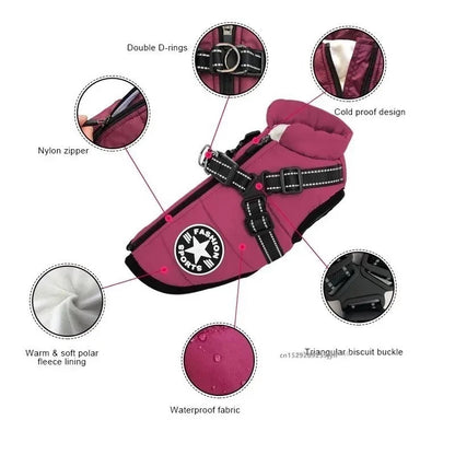Dog Coat Waterproof With Harness Jacket Raincoat Winter Zip Coats Pet Hole Warm
