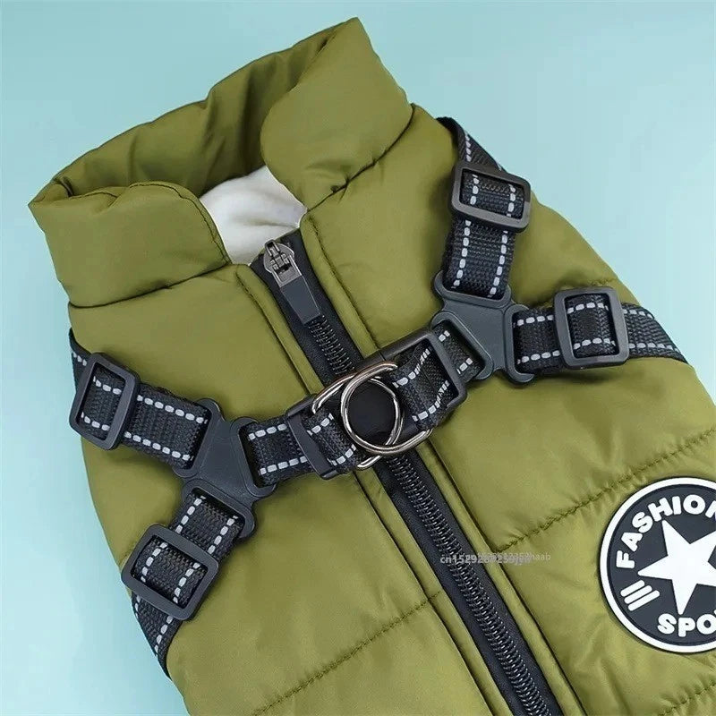 Dog Coat Waterproof With Harness Jacket Raincoat Winter Zip Coats Pet Hole Warm