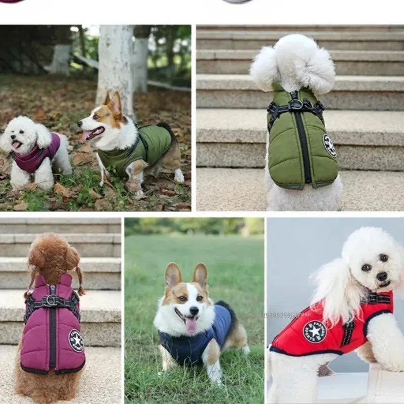 Dog Coat Waterproof With Harness Jacket Raincoat Winter Zip Coats Pet Hole Warm
